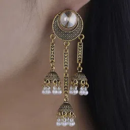 DESTINY JEWELS Gold-Plated Artificial Stones Studded And Beaded Circular Drop Earrings image 3