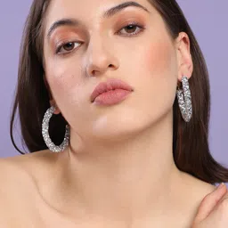 DressBerry Silver-Plated Stone-Studded Circular Hoop Earrings image 4