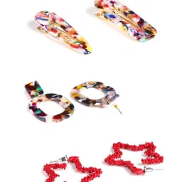 Yellow Chimes Set of 2 Acrylic Marble Design Earrings With 2 Hair Clips Set image 4