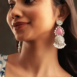 Rubans Silver Plated Stone Studded & Beaded Classic Drop Earrings-image-5