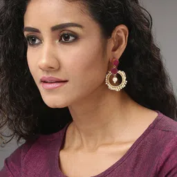 SOHI Gold-Plated Burgundy & White Stone Studded & Pearls Contemporary Drop Earrings image 2