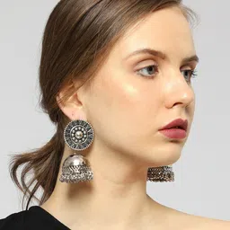 VENI Women German Silver-Toned Circular Jhumkas Earrings image 4