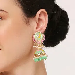 OOMPH Pearls Peacock Shaped Meenakari Jhumkas image 2