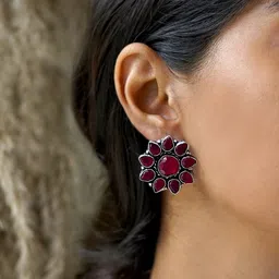 TEEJH Silver-Toned & Pink Floral Studs Earrings image 5