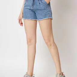 fashionfibre Solid Women Blue High Waist Shorts image 4