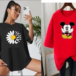 rapturous Pack of 2 Women Printed Round Neck Cotton Blend Black, Red T-Shirt-picture-37