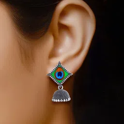 MEENAZ Set Of 4 Silver-Plated Oxidised Peacock Shaped Jhumkas image 3