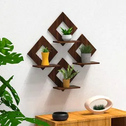 hoodwin Walnut Finish Wooden Square Wall Hanging Planter Stand/Plant Shelf Wooden Wall Shelf image 2