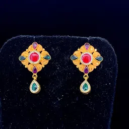 NJ Arts Antique Gold Finish Ethnic Stud Earrings with Red Stone Center Yellow Gold 18kt Stud Earring-picture-10