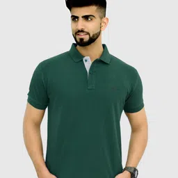 3bros Men Solid Polo Neck Cotton Blend Green T-Shirt-picture-20