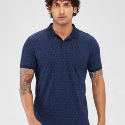 park avenue Men Printed Polo Neck Cotton Blend Dark Blue T-Shirt-picture-10