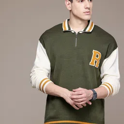 roadster Men Colorblock Mandarin Neck Green Sweater image 3