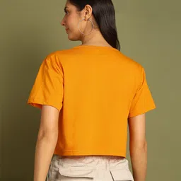 global nomad Women Printed Round Neck Pure Cotton Yellow T-Shirt image 4