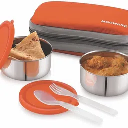 modware 2 Stainless Steel Round Containers 300 ML Each, 1 Fork & 1 Spoon- Orange 2 Containers Lunch Box-picture-39