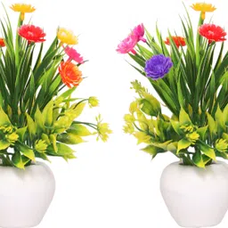 nerapi Set of 2 Multi Color Mini Table Top, Home/Office Decorative Flower Plant, Multicolor Wild Flower Artificial Flower with Pot image 2
