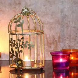 pleasing forest Iron Bird Cage Hanging Tea Light Holder with Flowers Dersign (Golden, Pack of 1) Iron Candle Holder Set-picture-25