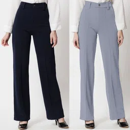 zariya enterprise Pack of 2 Women Regular Fit Black, Grey Crepe Trousers-picture-17