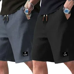 flicfol Pack of 2 Self Design Men Grey, Black Regular Shorts image 1