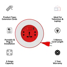 Goldmedal Plano 6 Amps 3 Sockets Extension Board (5 Meters, High Grade Fire Retardant Plastic, 205138, White & Red) image 2