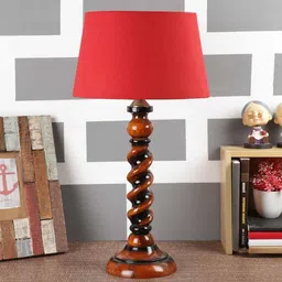 Red Fabric Shade Table Lamp With Brown Base By Foziq image 2