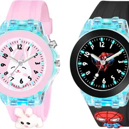 maan international Multicolor Lights 3D Cute Cartoon Multi Function Rubber Strap Kidd's Boys Analog Watch- For Boys & Girls Kids Combo2-Pink Rebbit-Black Spider Man-picture-13