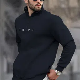 tripr Men Solid High Neck Dark Blue Sweater image 3