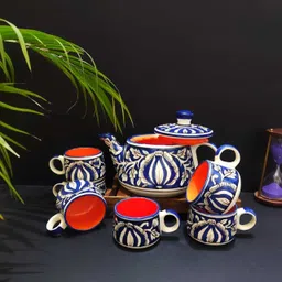 wonder creation Pack of 7 Ceramic NEW blue mughal Tea set with kettle with cup image 2