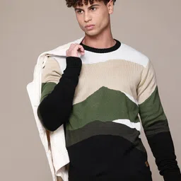 roadster Men Self Design Round Neck Black Sweater image 3