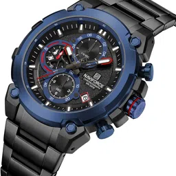 naviforce Blue choronograph dial with date window and black stainless steel Analog Watch - For Men NF8071 Rugged Watch with Date and Stopwatch Features image 2