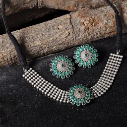 VENI Silver-Plated & Green Brass Necklace & Earrings-image-10