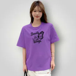 hivewear Women Printed Round Neck Cotton Blend Purple T-Shirt-picture-42