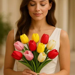 ikko Multicolour Tulip Bunch for Vase & Home Decor, for Living Room Corner Table Multicolor Tulips Artificial Flower image 4