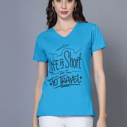 Women Typography V Neck Pure Cotton Blue T-Shirt-image-16