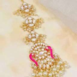 Crunchy Fashion Gold-Plated White & Pink Kundan-Studded Maangtikka-picture-25