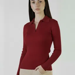plus size Women Solid Polo Neck Polyester Maroon T-Shirt-picture-13
