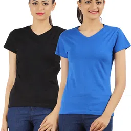 ap'pulse Pack of 2 Women Solid V Neck Cotton Blend Blue, Black T-Shirt-picture-19