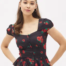 Casual Puff Sleeves Printed Women Black Top-image-8