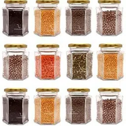 miral enterprises Hexagon Glass Jar with Air Tight Gold Lid 250 ml Glass( pack of 12) Mixer Jar Lid-picture-21