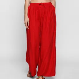 Women Regular Fit Red Viscose Rayon Trousers-image-90