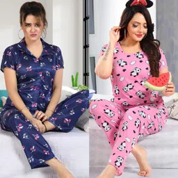 sidwa Women Night Suit Set Blue, Pink Printed, Animal Print-picture-25