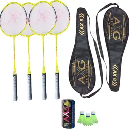 axg new goal Stern Set (4 Fluorescent Aluminium Rackets, 3 Shuttles and 2 Covers) Badminton Kit image 1