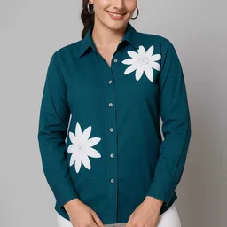 Women Comfort Fit Fit Embroidered Button Down Collar Casual Shirt-image-4