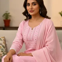 poshaktextiles Women Khadi Cotton Kurti Pant Attached Dupatta Set image 4