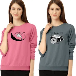 zentworld Pack of 2 Women Printed Round Neck Cotton Blend Pink, Grey T-Shirt-picture-11