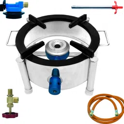 cay Single Burner Stainless Steel Round Gas Stove/Bhatti with Fitted Brass Nut Hose Pipe, High Pressure Regulator, Valve and Gas Lighter (10 L X 10 W X 8 H Inch) Stainless Steel Manual Gas Stove-picture-28