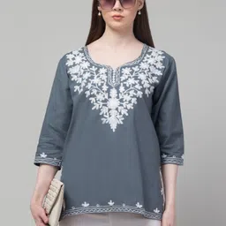 crown king garments Casual Regular Sleeves Embroidered Women Grey, White Top-picture-20