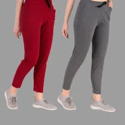 seaprint Pack of 2 Women Solid Maroon, Grey Track Pants-picture-13
