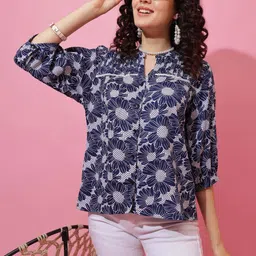 seek by sheetal Casual Cuffed Sleeves Floral Print Women Blue Top-picture-16
