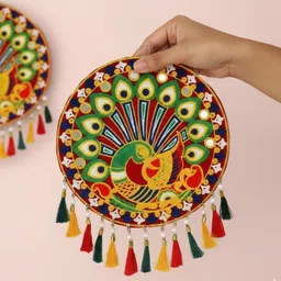 sohibe Multicoloured Embroidery Peacock Design Wall Decoration Home Decor Pack of 2-picture-29