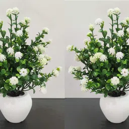 baarig Set of 2 Table Flower top Bonsai for home shop office gifting White, Green Camellia Rose Artificial Flower with Pot image 3